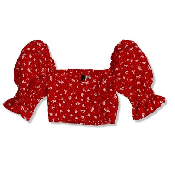 H&M Junior Puff Sleeve Crop Top Red Floral Shirt  Boho Top Summer Resort wear - Picture 1 of 9